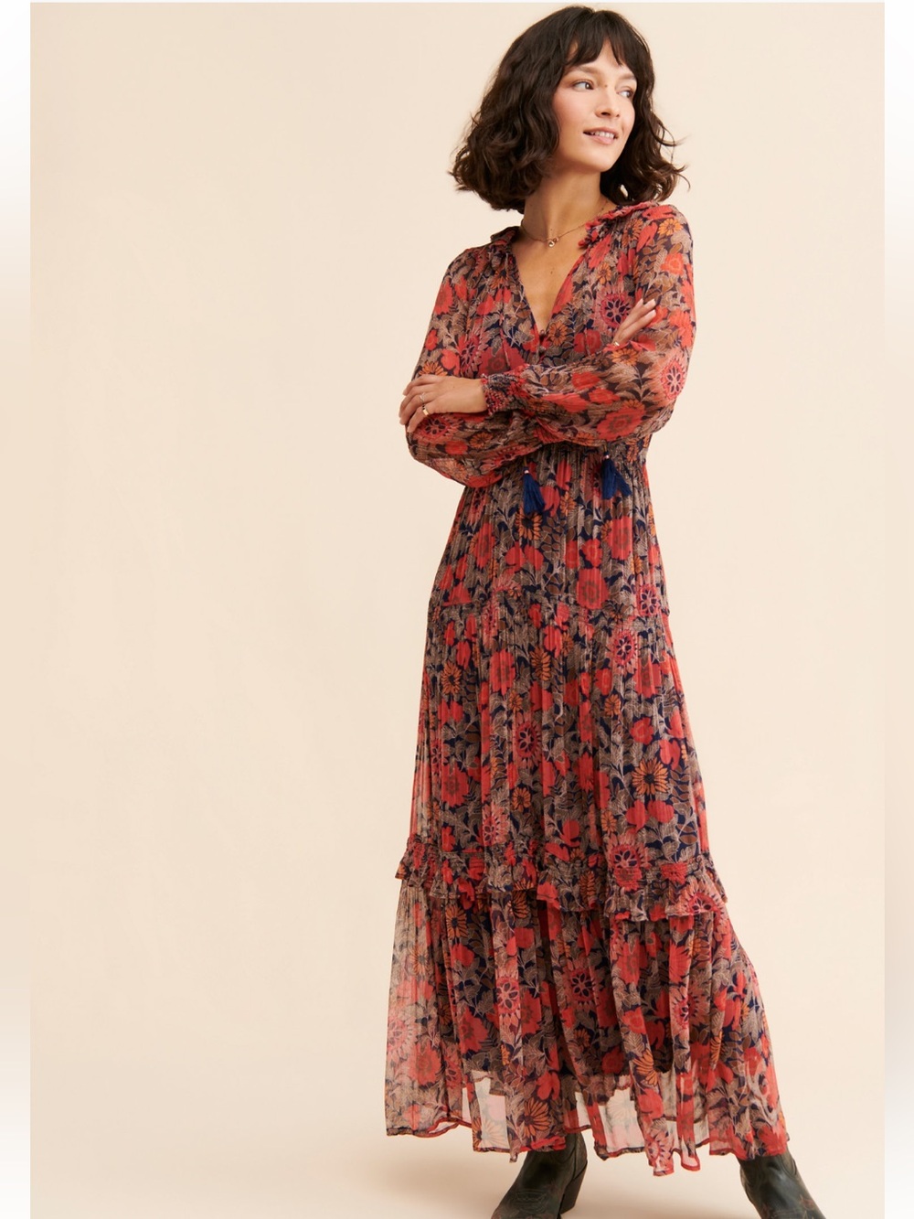 Anthropologie Marais Printed Chiffon Red Floral Long-Sleeve Maxi Dress